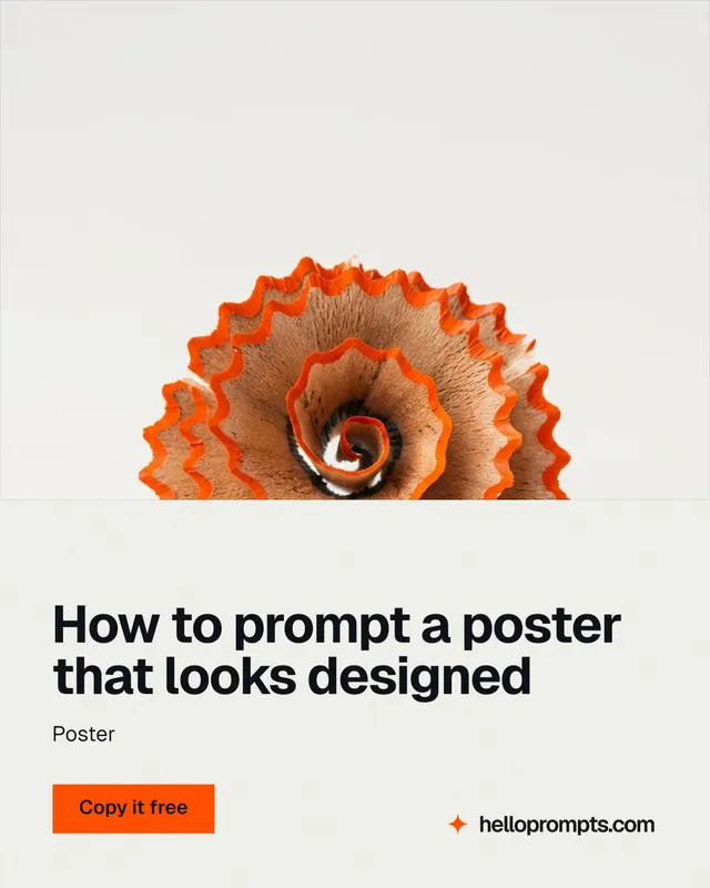 Instagram portrait post for HelloPrompts: "How to prompt a poster that looks designed". Swiss style, bottom layout, light palette in white, brown.