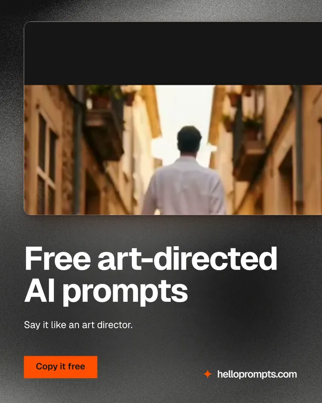 Instagram portrait post for HelloPrompts: "Free art-directed AI prompts". Swiss style, bottom layout, dark palette in black, orange.