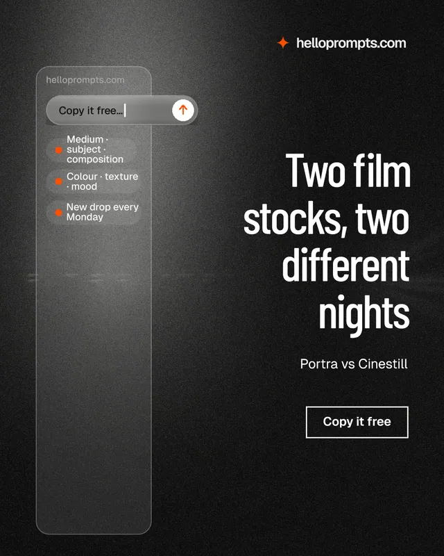 Instagram portrait post for HelloPrompts: "Two film stocks, two different nights". Dark deco style, right layout, dark palette in black, grey.