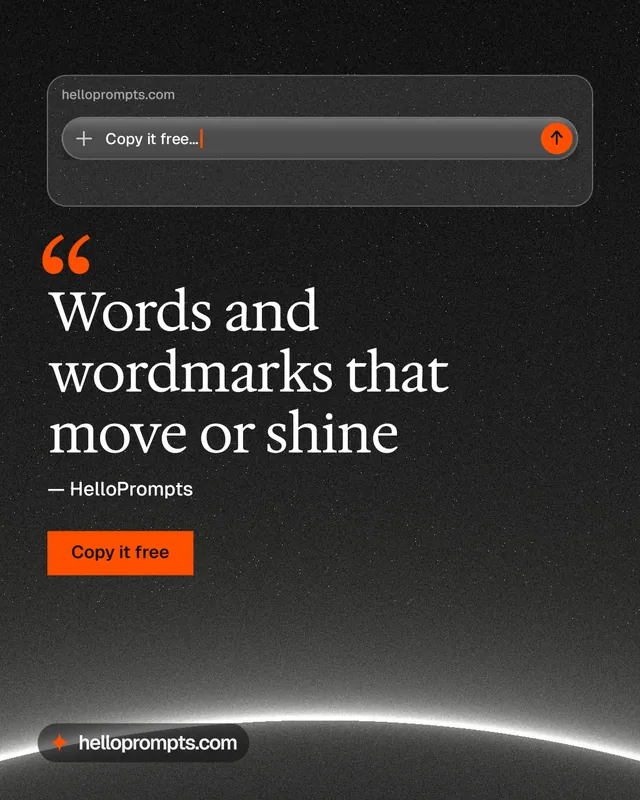Instagram portrait post for HelloPrompts: "Words and wordmarks that move or shine". Swiss style, quote layout, dark palette in black, grey.