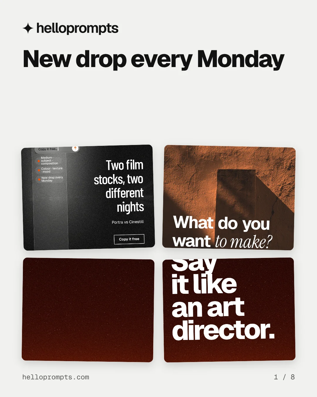 Carousel for HelloPrompts: "New drop every Monday". Collection carousel, 8 slides, light palette.