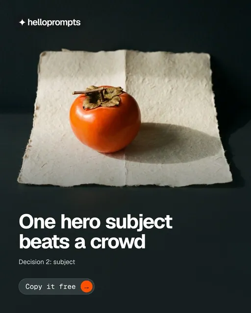 Video for HelloPrompts: "One hero subject beats a crowd". Doc motion loop, 8.0 s, dark palette.