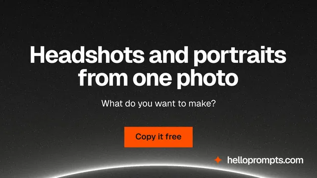 Landscape graphic for HelloPrompts: "Headshots and portraits from one photo". Swiss style, centred layout, dark palette in black, orange, grey.