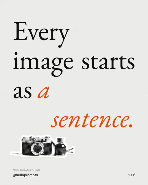 Carousel for HelloPrompts: "Every image starts as a sentence.". Cutout essay, 6 slides, light palette.