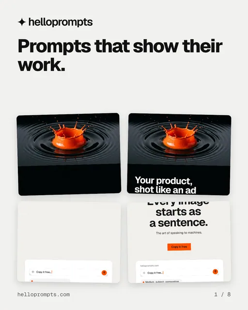 Carousel for HelloPrompts: "Prompts that show their work.". Collection carousel, 8 slides, light palette.