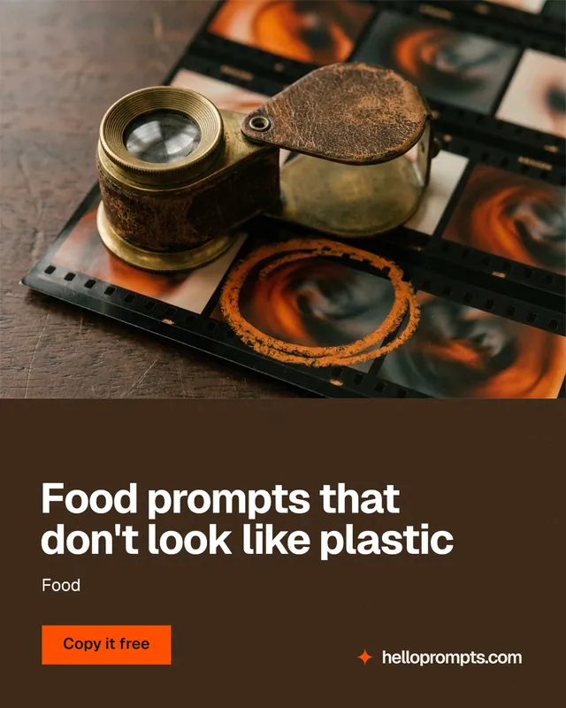 Instagram portrait post for HelloPrompts: "Food prompts that don't look like plastic". Swiss style, bottom layout, dark palette in orange, black, grey.