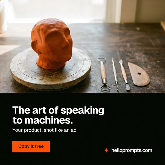 Instagram post for HelloPrompts: "The art of speaking to machines." Swiss style, bottom layout, dark palette in white, orange, black.