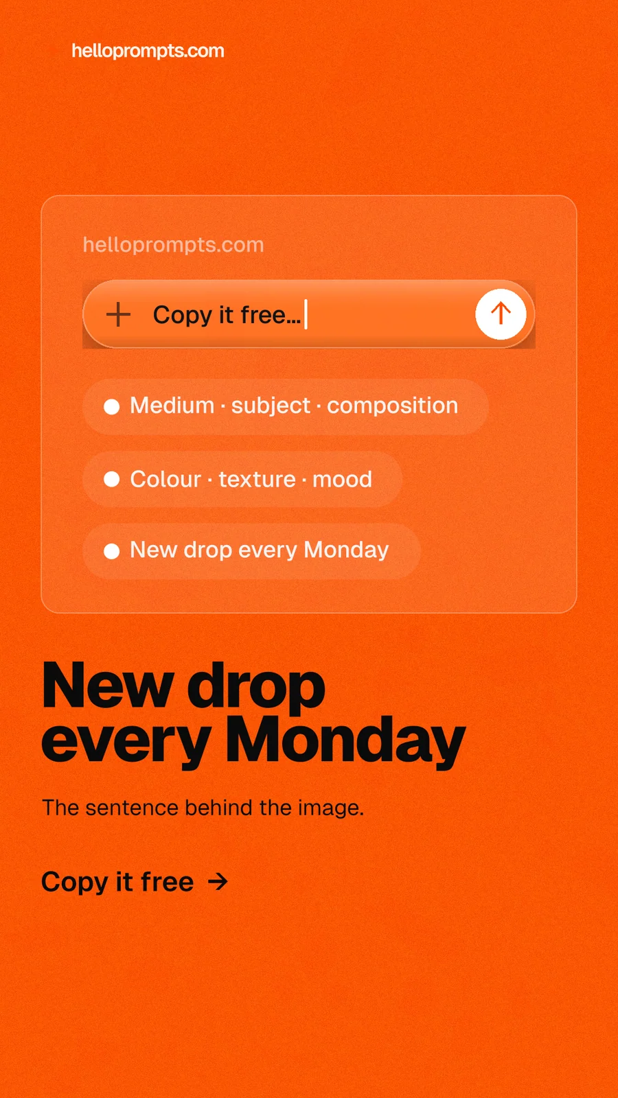 Instagram story for HelloPrompts: "New drop every Monday". Turn card style, bottom layout, light palette in orange.