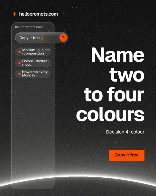 Instagram portrait post for HelloPrompts: "Name two to four colours". Swiss style, right layout, dark palette in black, grey.