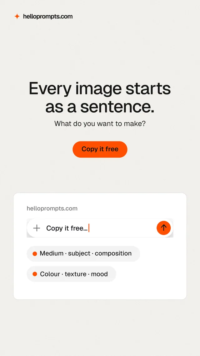Instagram story for HelloPrompts: "Every image starts as a sentence." Data card style, centred layout, light palette in white, orange.