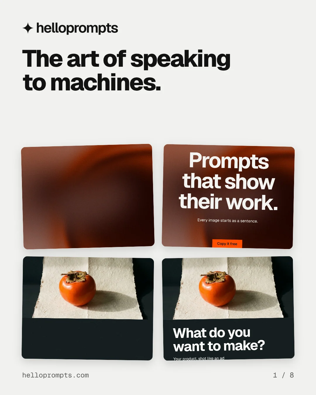 Carousel for HelloPrompts: "The art of speaking to machines.". Collection carousel, 8 slides, light palette.