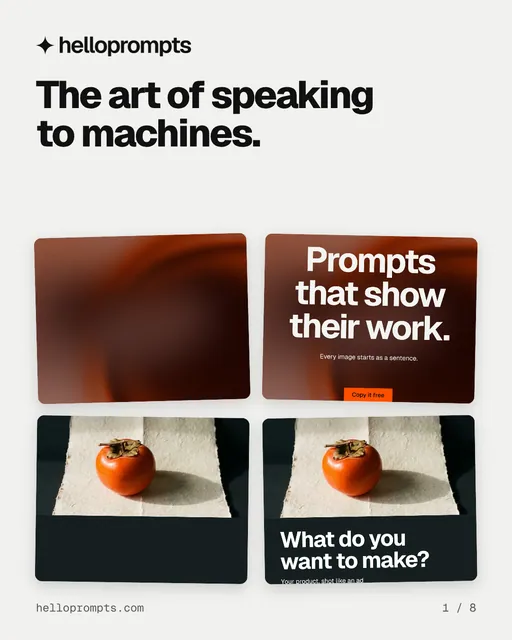 Carousel for HelloPrompts: "The art of speaking to machines.". Collection carousel, 8 slides, light palette.