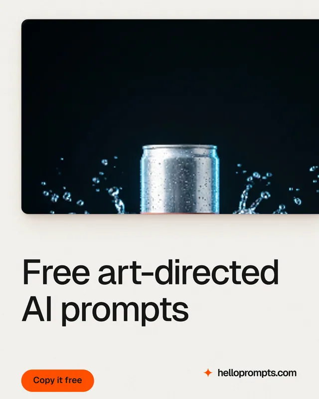 Instagram portrait post for HelloPrompts: "Free art-directed AI prompts". Data card style, bottom layout, light palette in black, white.
