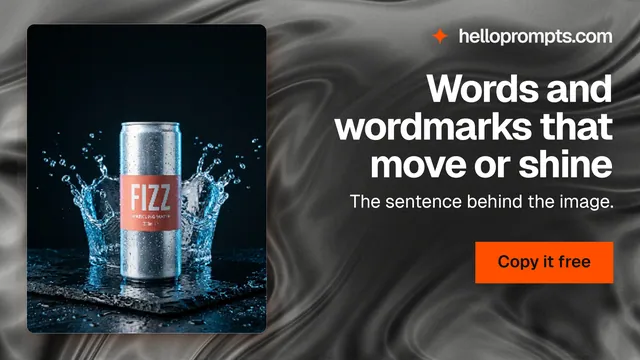 Landscape graphic for HelloPrompts: "Words and wordmarks that move or shine". Swiss style, right layout, dark palette in grey, black.