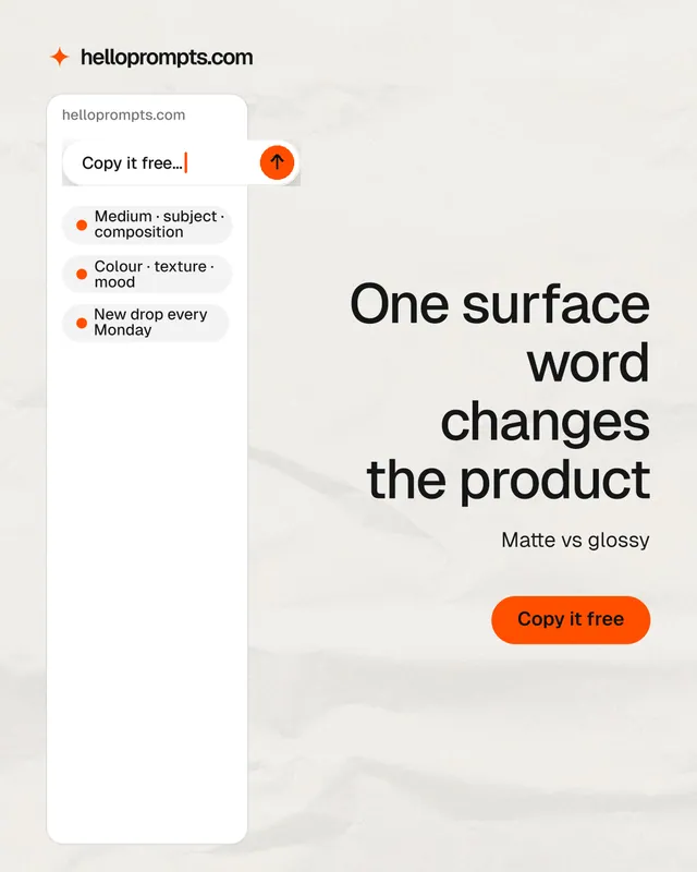 Instagram portrait post for HelloPrompts: "One surface word changes the product". Data card style, right layout, light palette in white, grey.