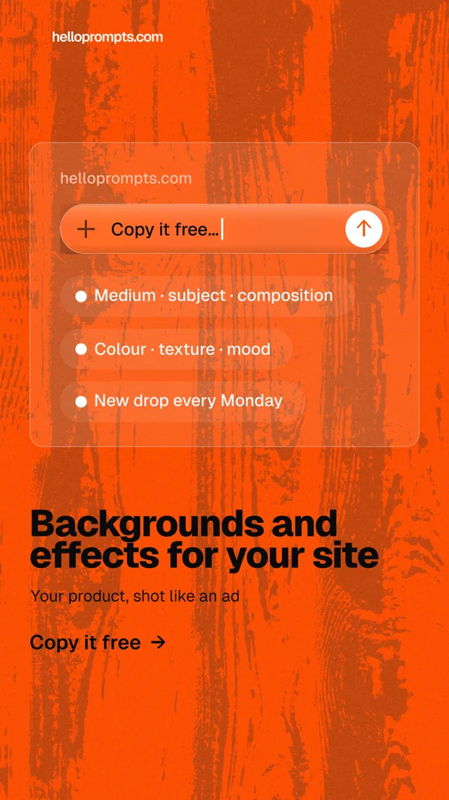 Instagram story for HelloPrompts: "Backgrounds and effects for your site". Turn card style, bottom layout, dark palette in orange.