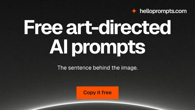Landscape graphic for HelloPrompts: "Free art-directed AI prompts". Swiss style, centred layout, dark palette in black, grey.