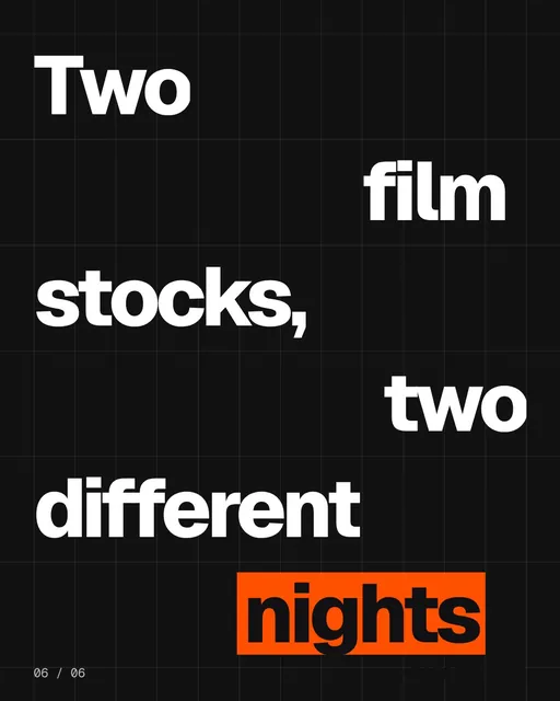 Video for HelloPrompts: "Two film stocks, two different nights". Kinetic type grid, 6.0 s, dark palette.