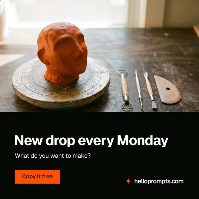 Instagram post for HelloPrompts: "New drop every Monday". Swiss style, bottom layout, dark palette in black, white, orange.