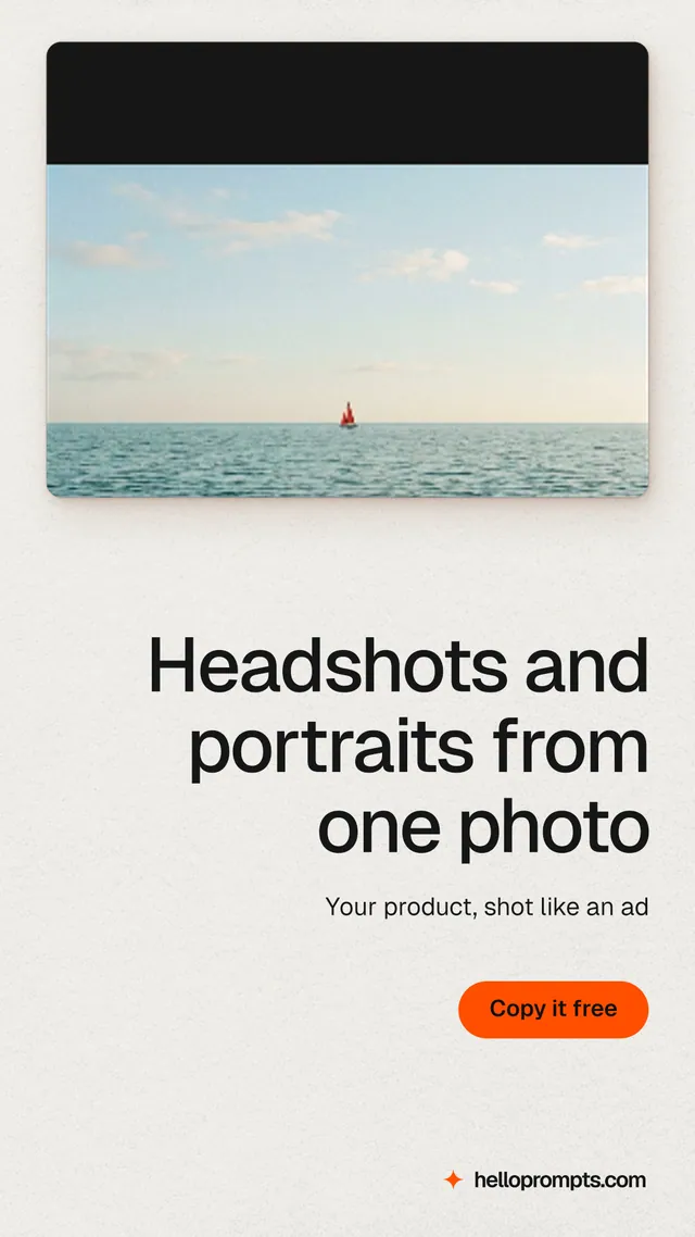 Instagram story for HelloPrompts: "Headshots and portraits from one photo". Data card style, right layout, light palette in white, grey.