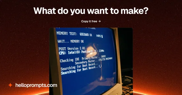 Social ad for HelloPrompts: "What do you want to make?" Swiss style, ogui layout, dark palette in black, blue, red.