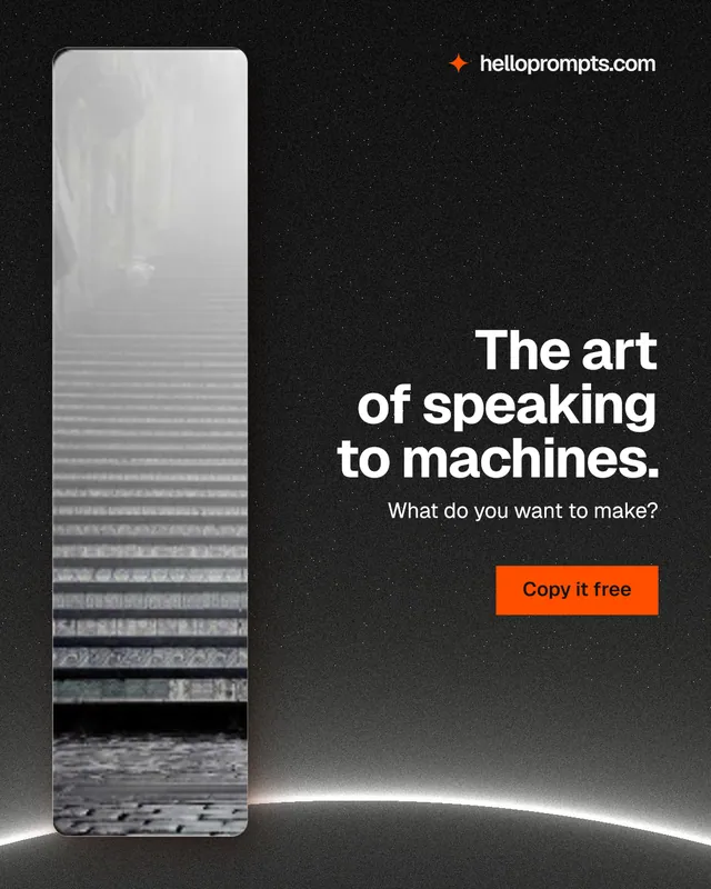 Instagram portrait post for HelloPrompts: "The art of speaking to machines." Swiss style, right layout, dark palette in grey, black.