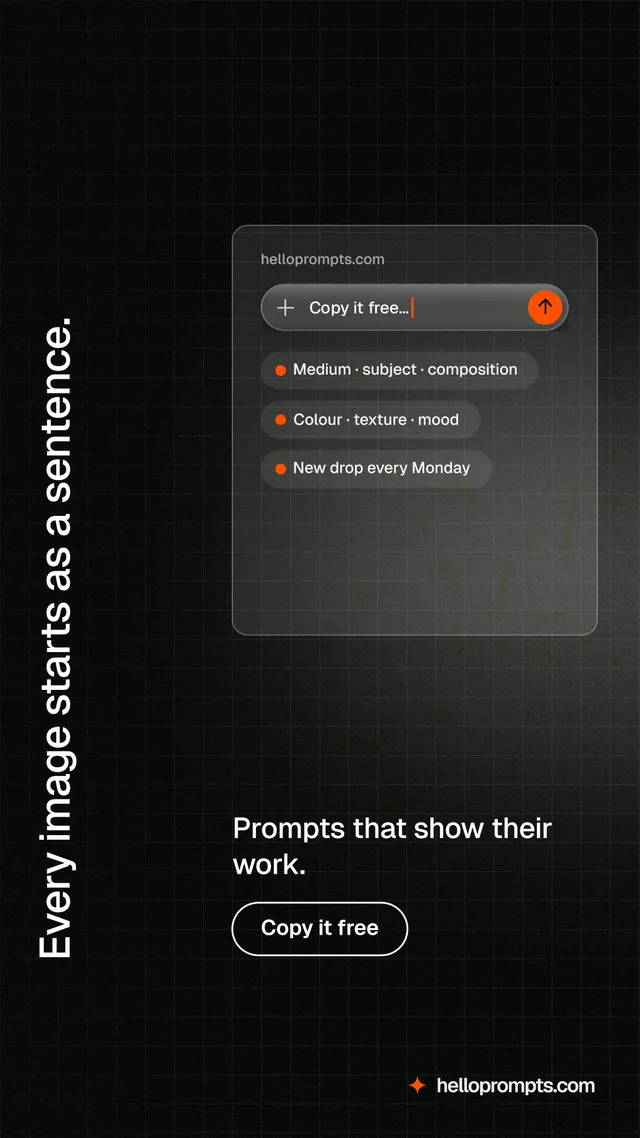 Instagram story for HelloPrompts: "Every image starts as a sentence." Phosphor atlas style, vertical layout, dark palette in black, grey.