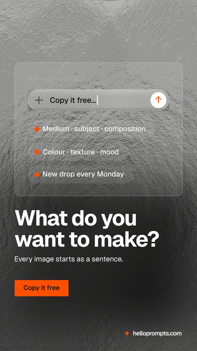 Instagram story for HelloPrompts: "What do you want to make?" Swiss style, bottom layout, dark palette in grey, black.