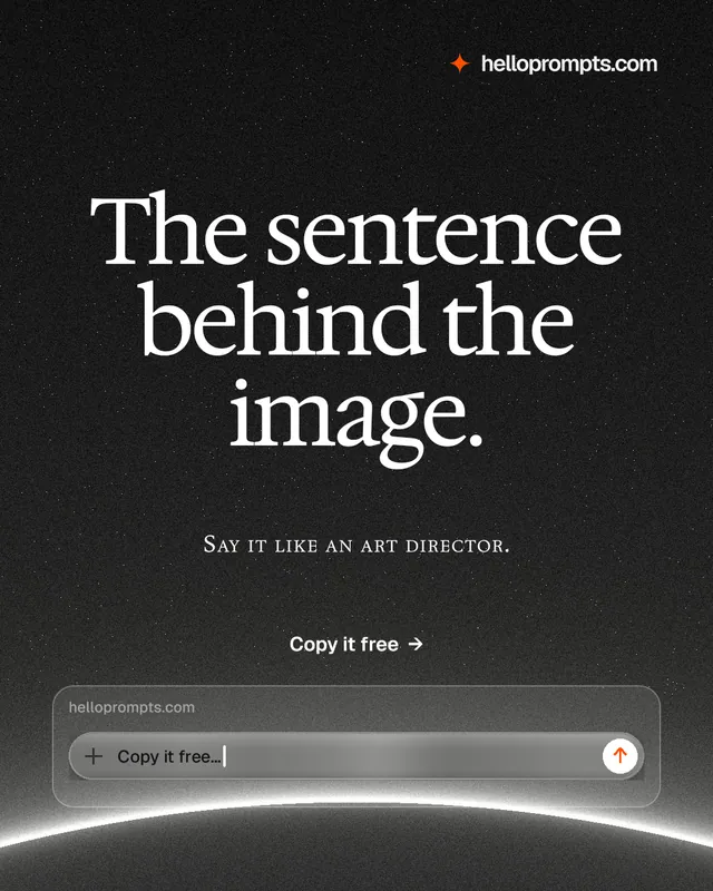 Instagram portrait post for HelloPrompts: "The sentence behind the image." Swiss style, smallcaps layout, dark palette in black, grey.