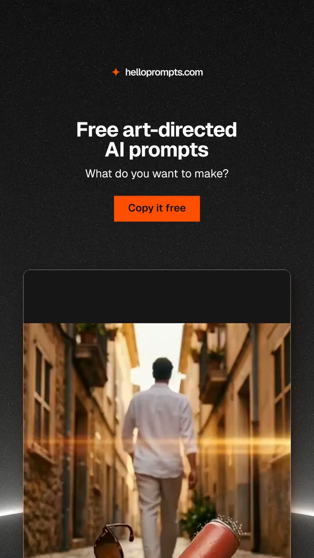 Instagram story for HelloPrompts: "Free art-directed AI prompts". Swiss style, centred layout, dark palette in black, orange, brown.