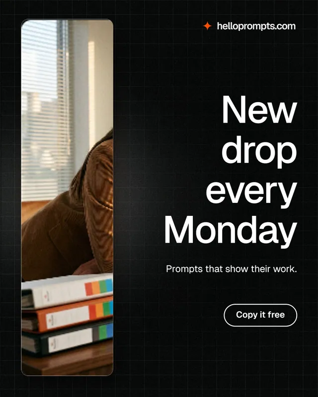 Instagram portrait post for HelloPrompts: "New drop every Monday". Phosphor atlas style, right layout, dark palette in black, grey.
