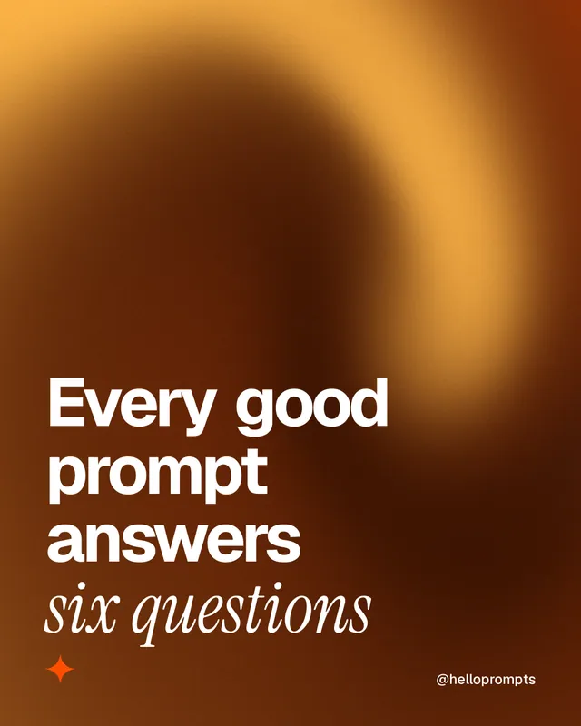 Instagram portrait post for HelloPrompts: "Every good prompt answers six questions". Auto 4x5 style, technique:shader field layout, dark palette in orange, brown.