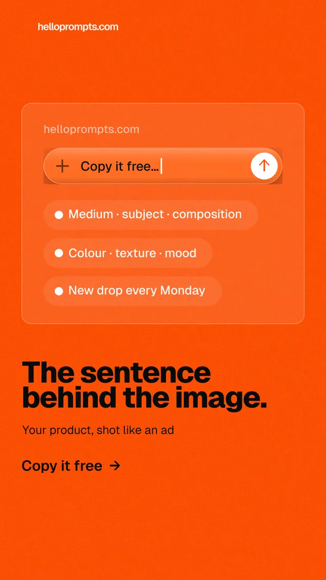 Instagram story for HelloPrompts: "The sentence behind the image." Turn card style, bottom layout, light palette in orange.