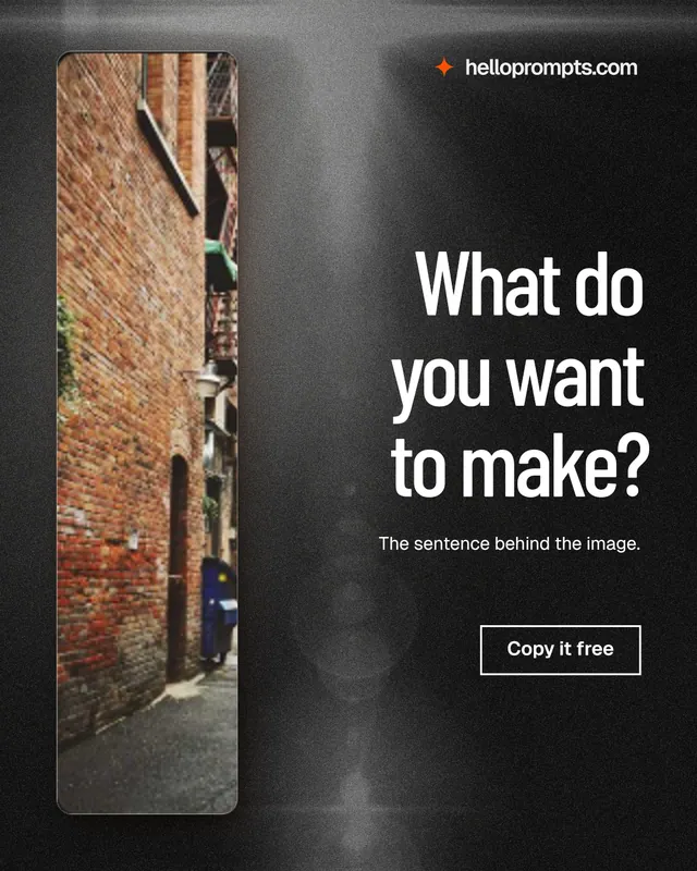 Instagram portrait post for HelloPrompts: "What do you want to make?" Dark deco style, right layout, dark palette in black, grey.