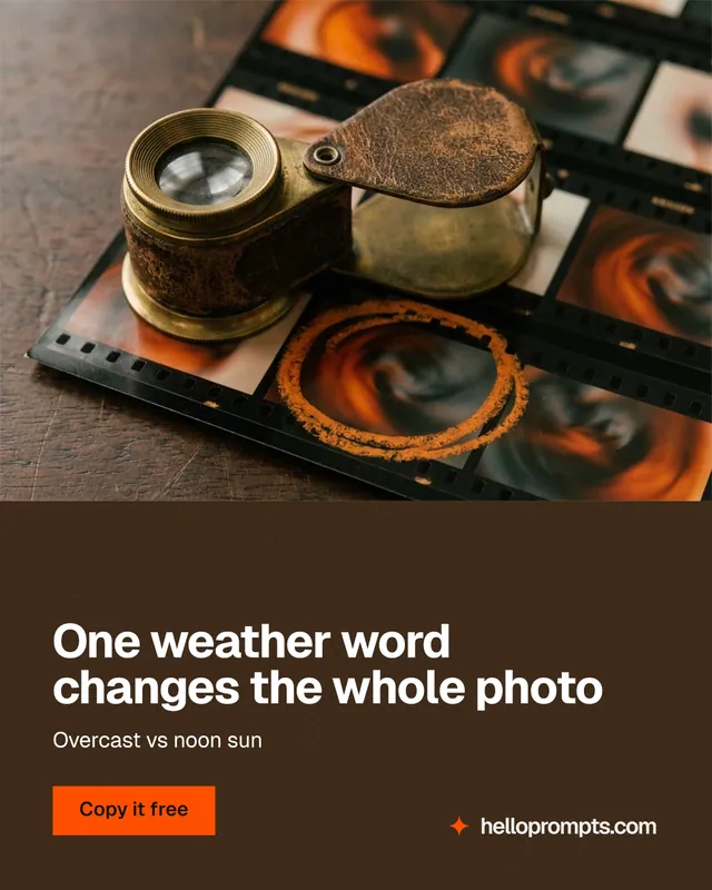Instagram portrait post for HelloPrompts: "One weather word changes the whole photo". Swiss style, bottom layout, dark palette in orange, black, grey.