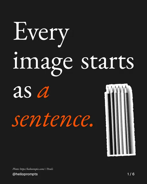 Carousel for HelloPrompts: "Every image starts as a sentence.". Cutout essay, 6 slides, dark palette.
