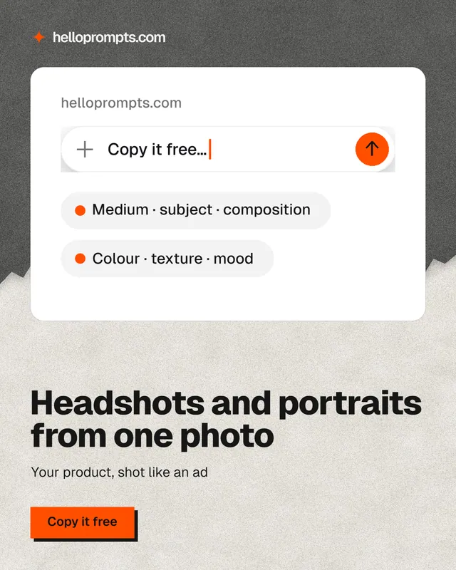 Instagram portrait post for HelloPrompts: "Headshots and portraits from one photo". Paper trio style, bottom layout, light palette in white, grey.