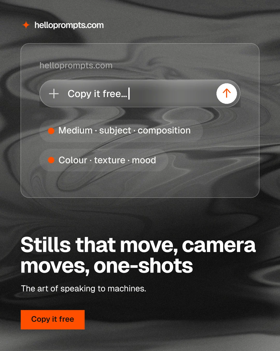Instagram portrait post for HelloPrompts: "Stills that move, camera moves, one-shots". Swiss style, bottom layout, dark palette in grey, black.