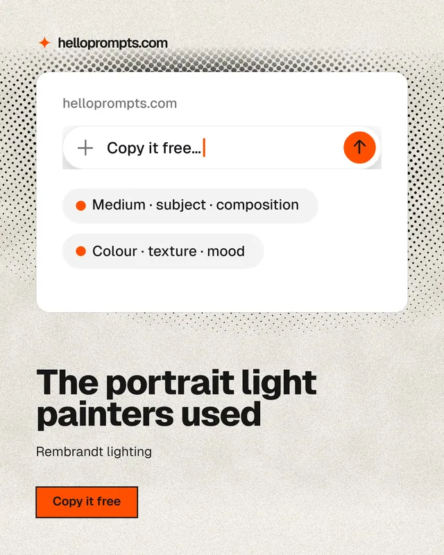 Instagram portrait post for HelloPrompts: "The portrait light painters used". Ink sticker style, bottom layout, light palette in white, yellow, grey.