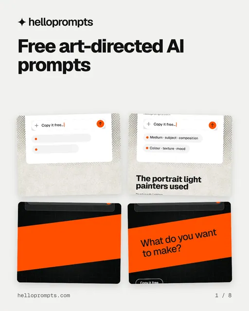 Carousel for HelloPrompts: "Free art-directed AI prompts". Collection carousel, 8 slides, light palette.