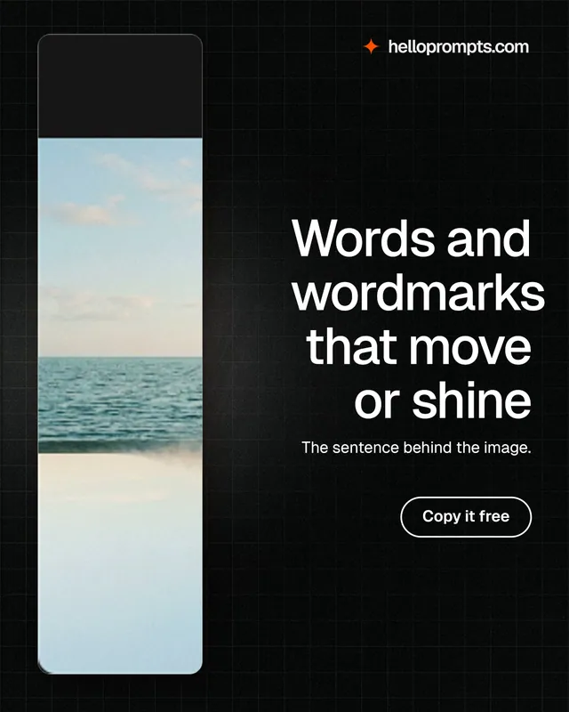 Instagram portrait post for HelloPrompts: "Words and wordmarks that move or shine". Phosphor atlas style, right layout, dark palette in black, grey.