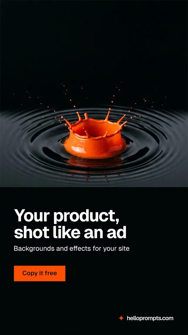 Instagram story for HelloPrompts: "Your product, shot like an ad". Swiss style, bottom layout, dark palette in black, grey.