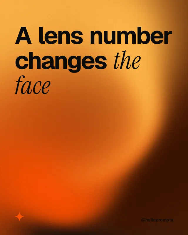 Instagram portrait post for HelloPrompts: "A lens number changes the face". Auto 4x5 style, technique:shader field layout, dark palette in orange.