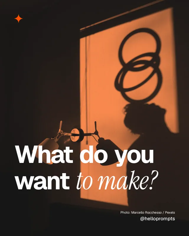 Instagram portrait post for HelloPrompts: "What do you want to make?" Duotone style, technique:pexels ingredient layout, dark palette in black, brown, orange.