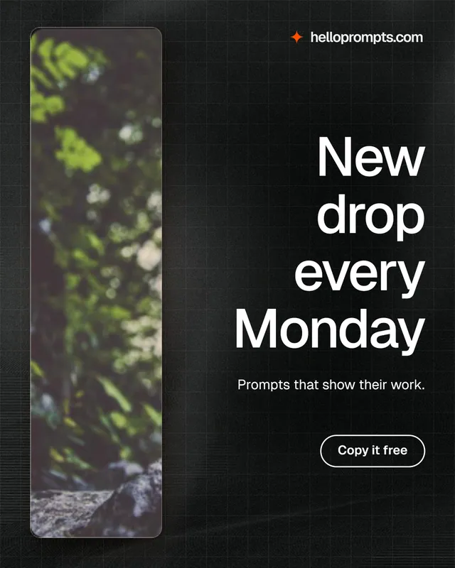 Instagram portrait post for HelloPrompts: "New drop every Monday". Phosphor atlas style, right layout, dark palette in black, grey.