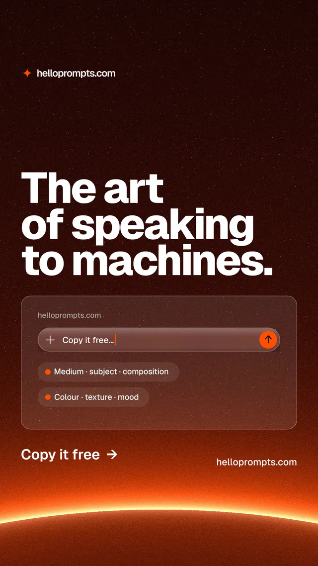 Instagram story for HelloPrompts: "The art of speaking to machines." Turn card style, poster layout, dark palette in black, red, orange.