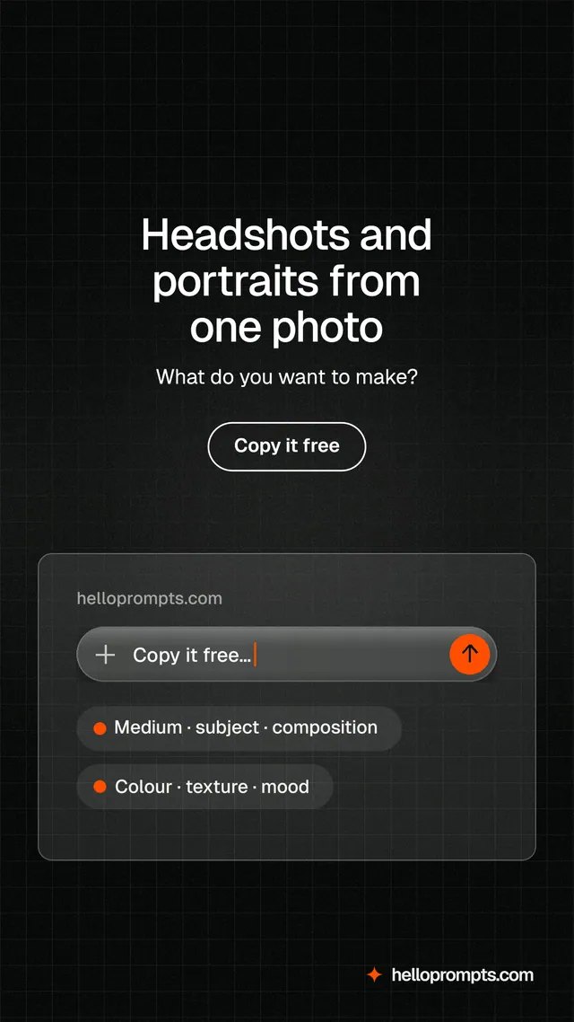 Instagram story for HelloPrompts: "Headshots and portraits from one photo". Phosphor atlas style, centred layout, dark palette in black, grey.