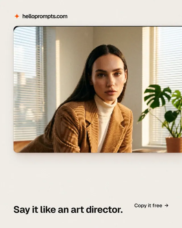 Instagram portrait post for HelloPrompts: "Say it like an art director." Swiss style, image led layout, light palette in white, orange, brown.