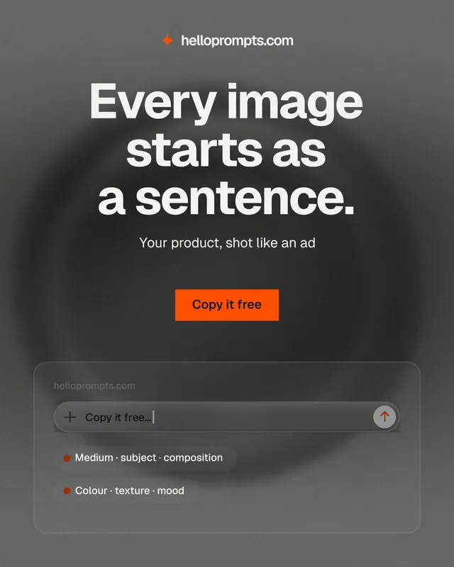 Instagram portrait post for HelloPrompts: "Every image starts as a sentence." Swiss style, centred layout, dark palette in grey, black.