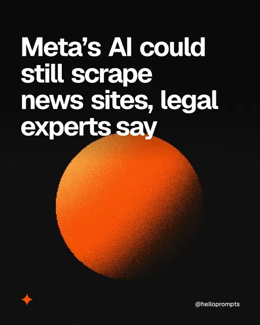 Video for HelloPrompts: "Meta’s AI could still scrape news sites, legal experts say". Shader loop, 6.0 s, dark palette.
